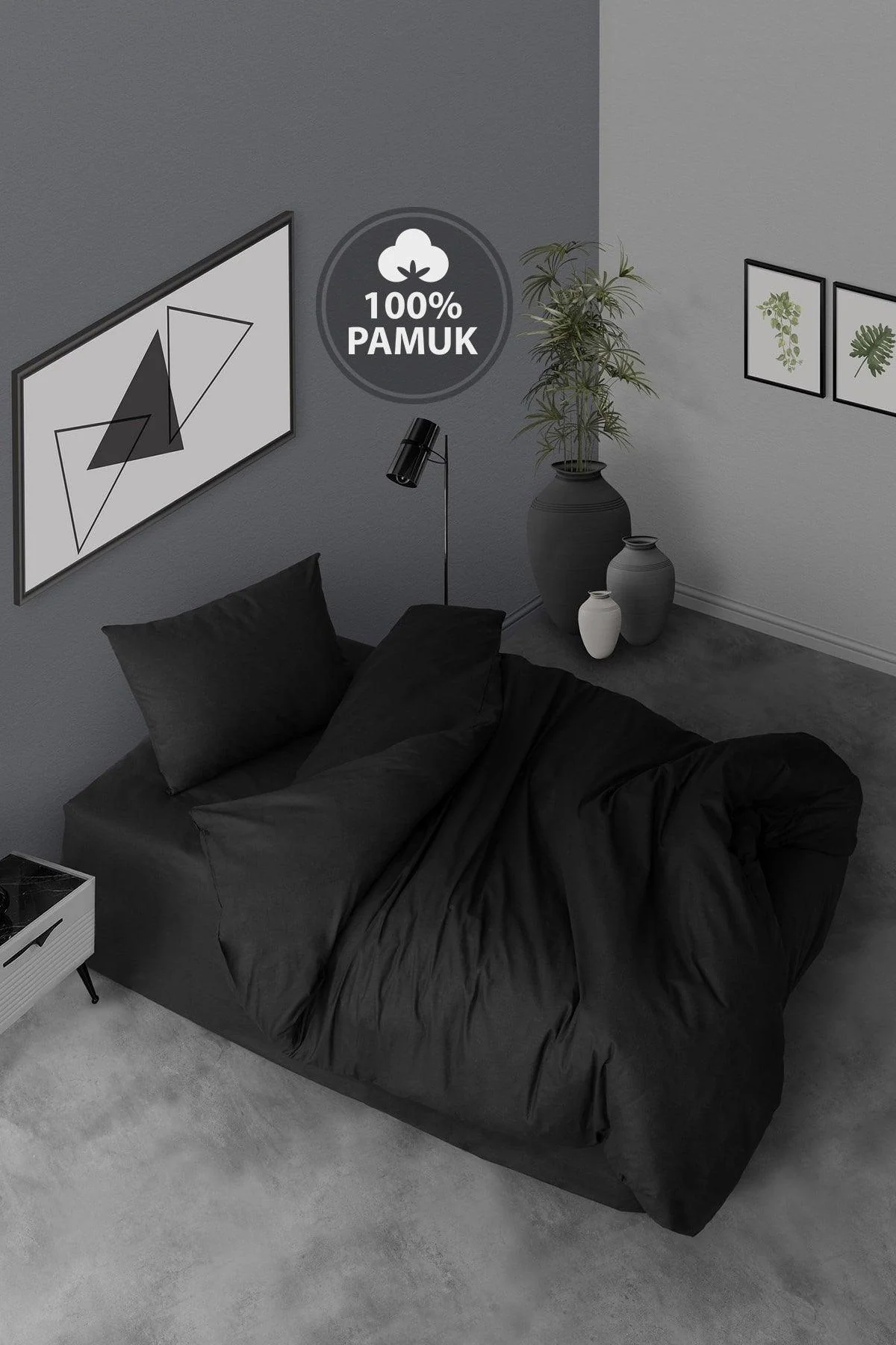Cotton duvet cover set in black with elastic fitted sheet