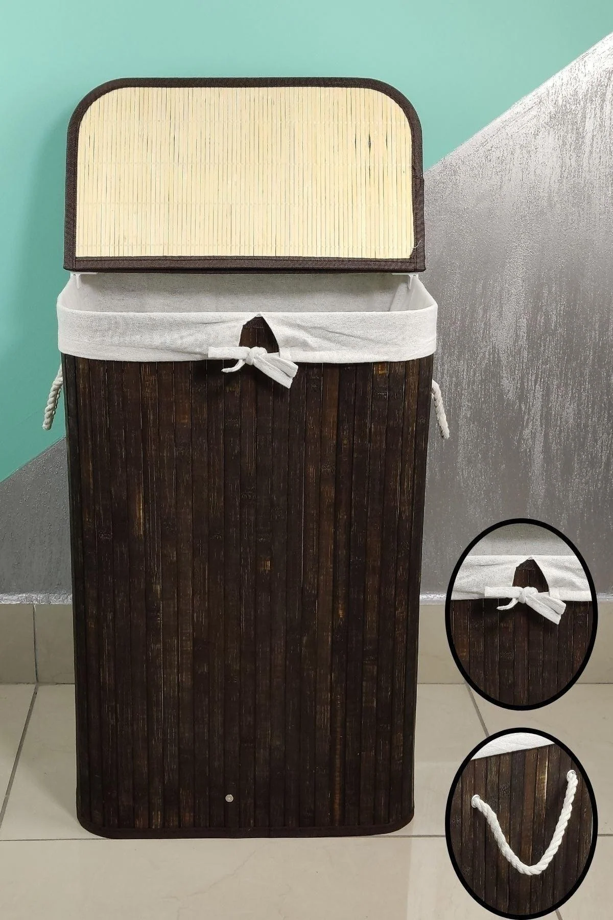 Brown foldable bamboo laundry basket with handles 61x40x30cm
