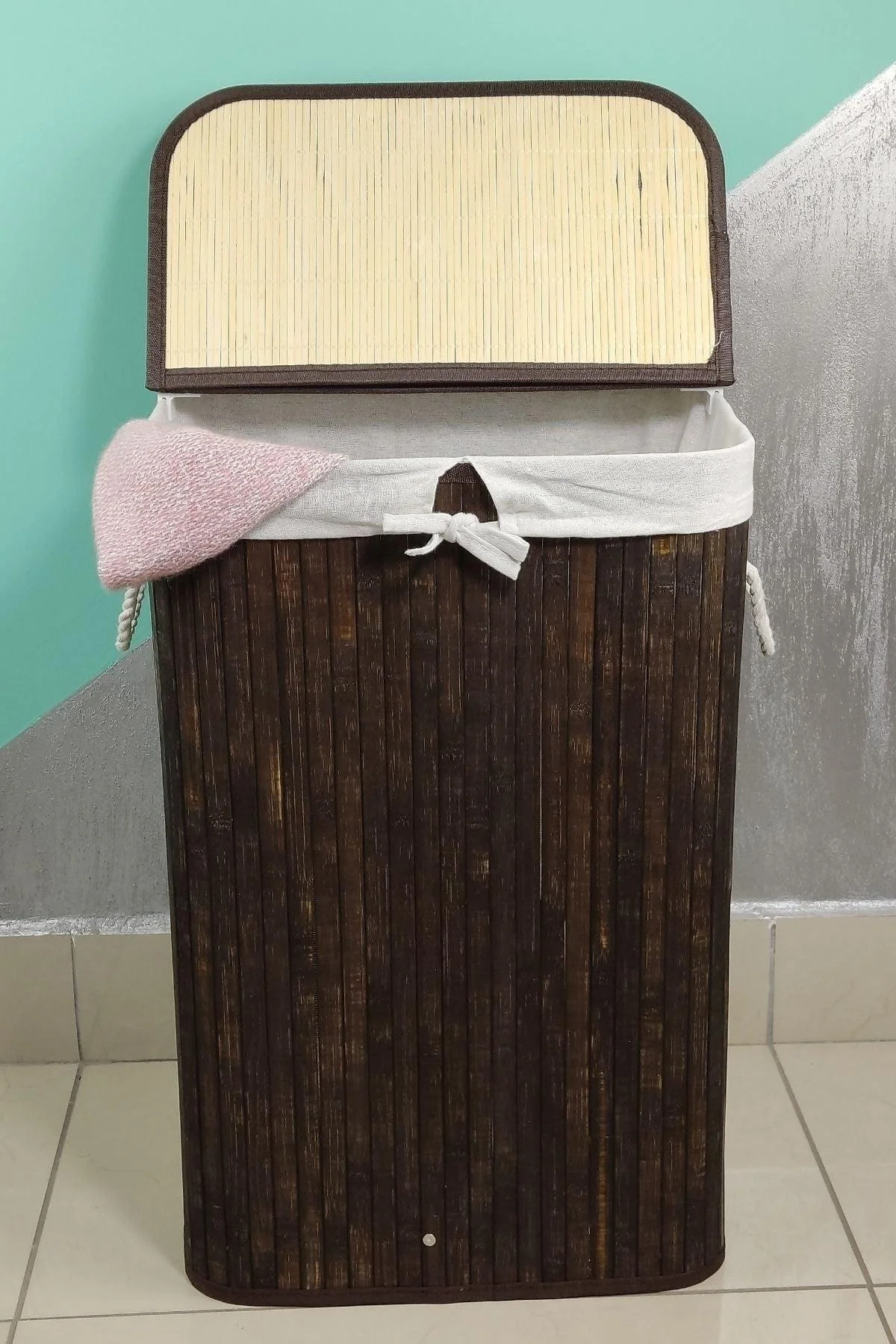Brown foldable bamboo laundry basket with handles 61x40x30cm