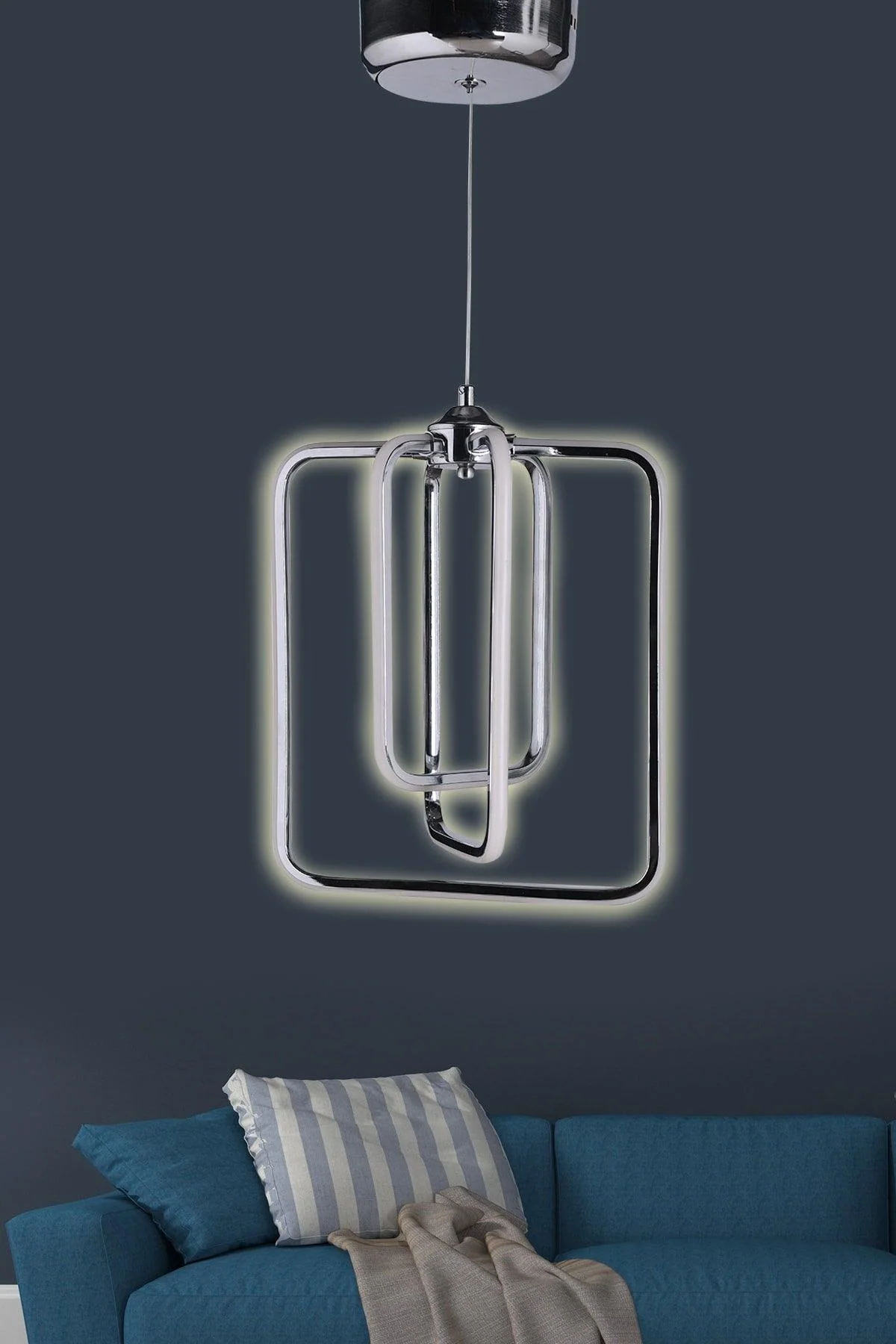White LED chandelier with rectangular aluminum casing 30 cm width 35 cm height