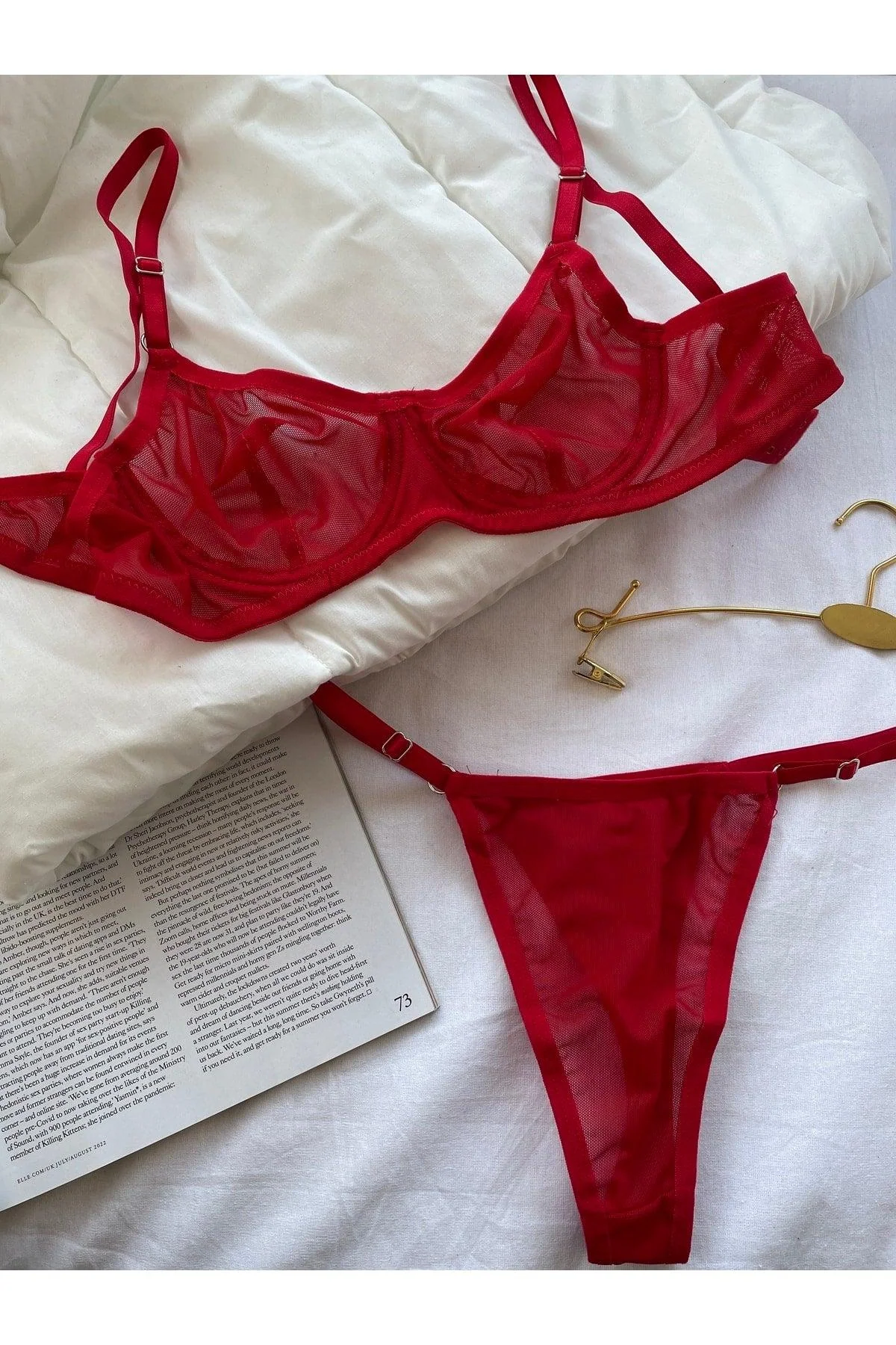 Red underwire bra set with matching thong