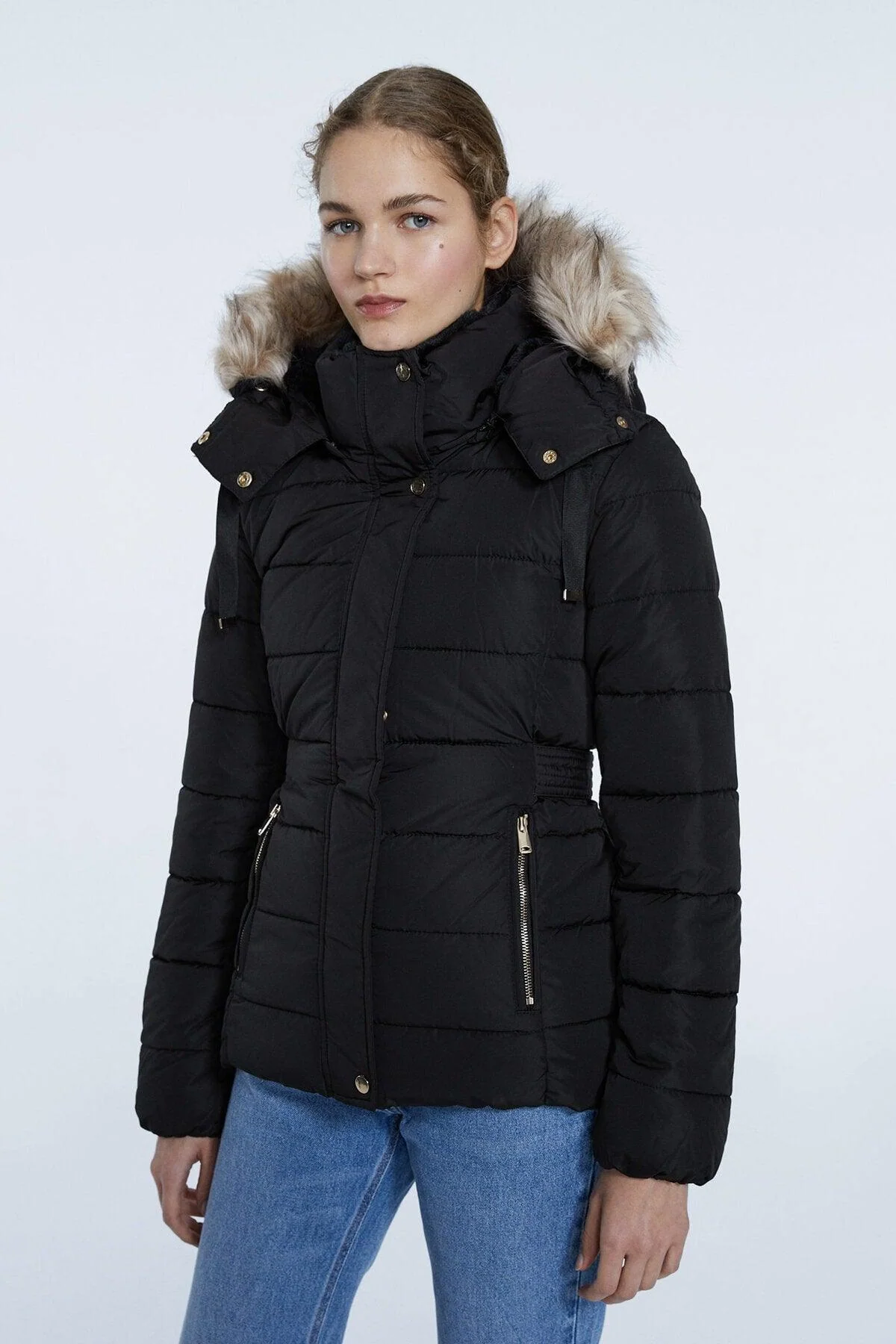 Black removable hooded waterproof jacket for women
