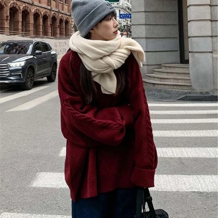 Retro-chic Red Cable-knit Sweater