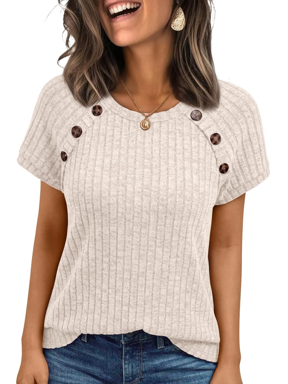 Ribbed Crew-Neck Button-Panel Short Sleeve Top – Effortless Style