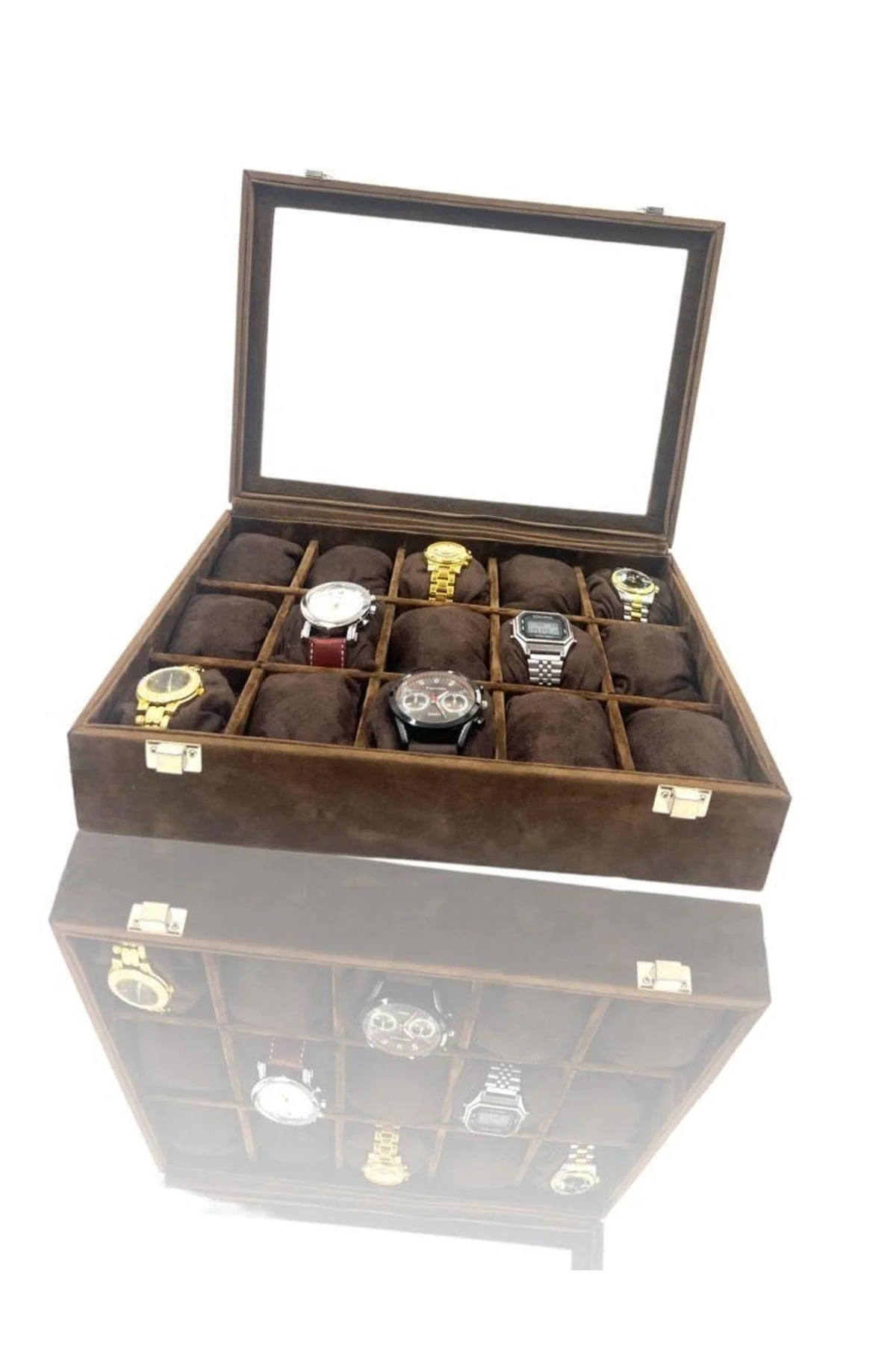Suede brown watch storage box set for 15 timepieces