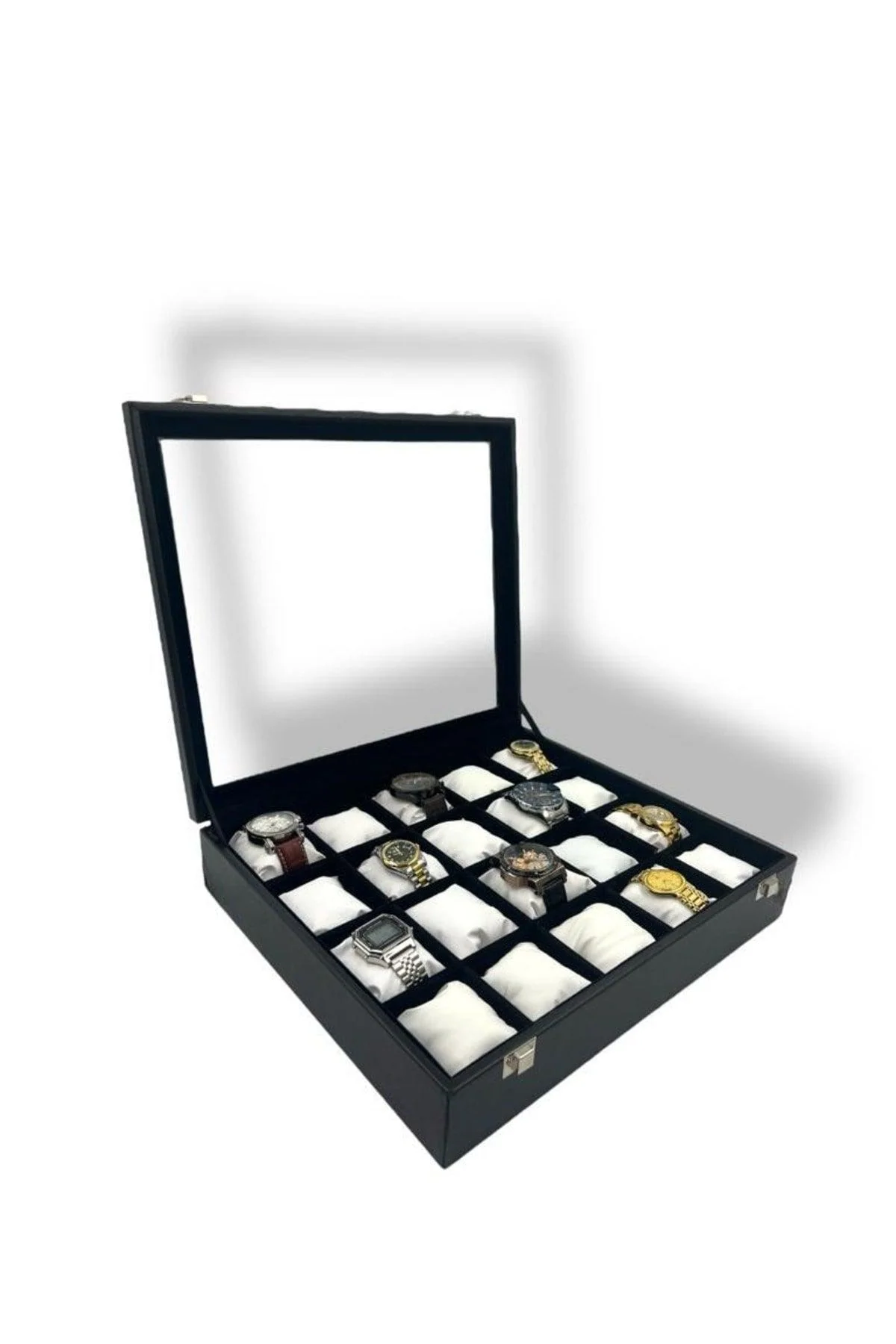 Black 20-Watch Wooden Display Box with Glass Cover