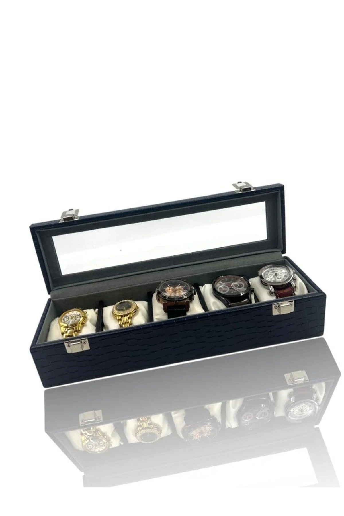 5 Compartment Navy Blue Artificial Leather Watch Box with Glass Lid