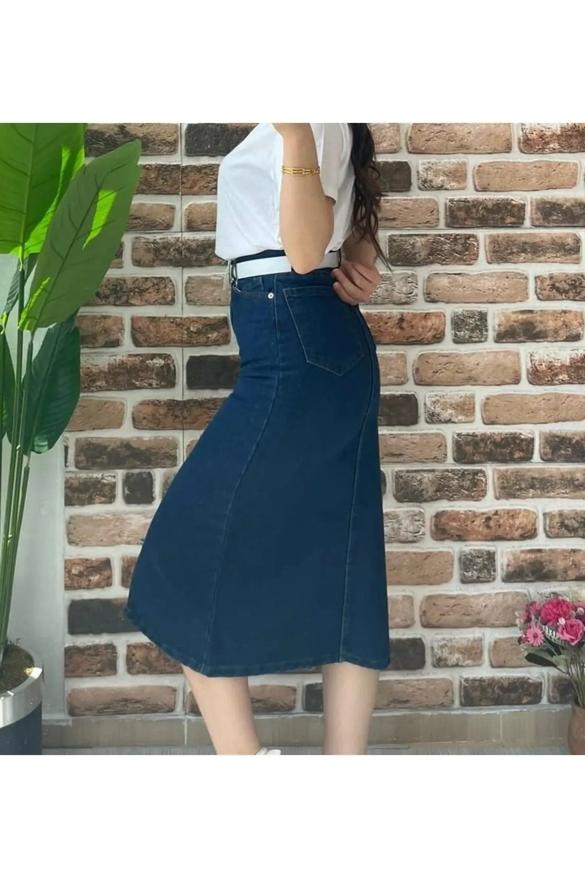 Ripped denim midi skirt in dark blue cotton