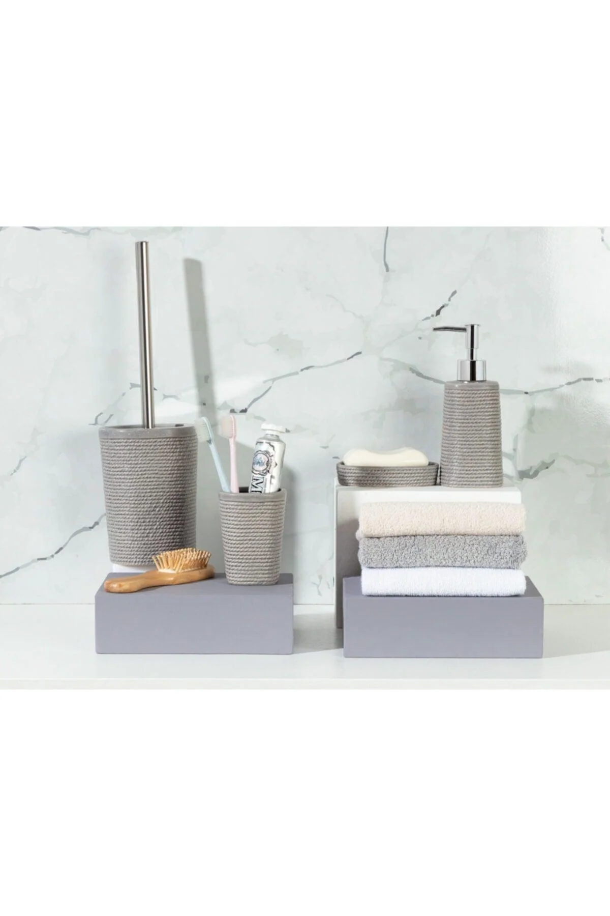 4-piece gray ceramic bathroom set with pump dispenser