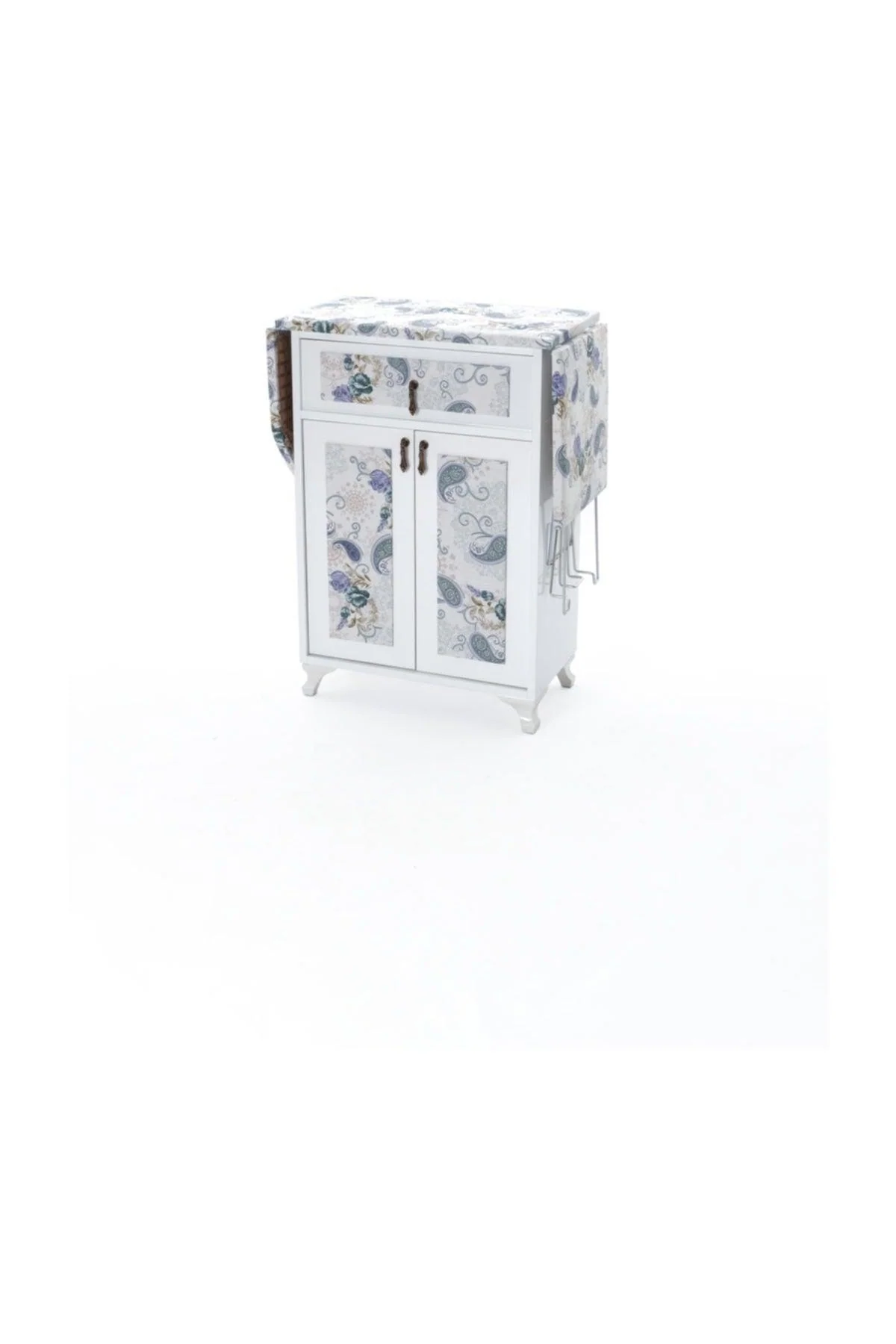 Closed-back ironing board with drawer and shelf storage