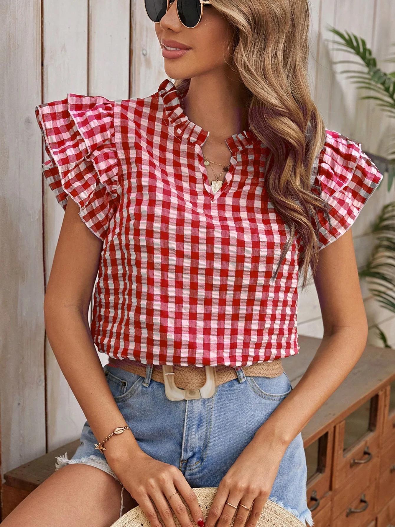 Ruffled Double‑Layer Plaid Tee – Fresh, Relaxed Fit