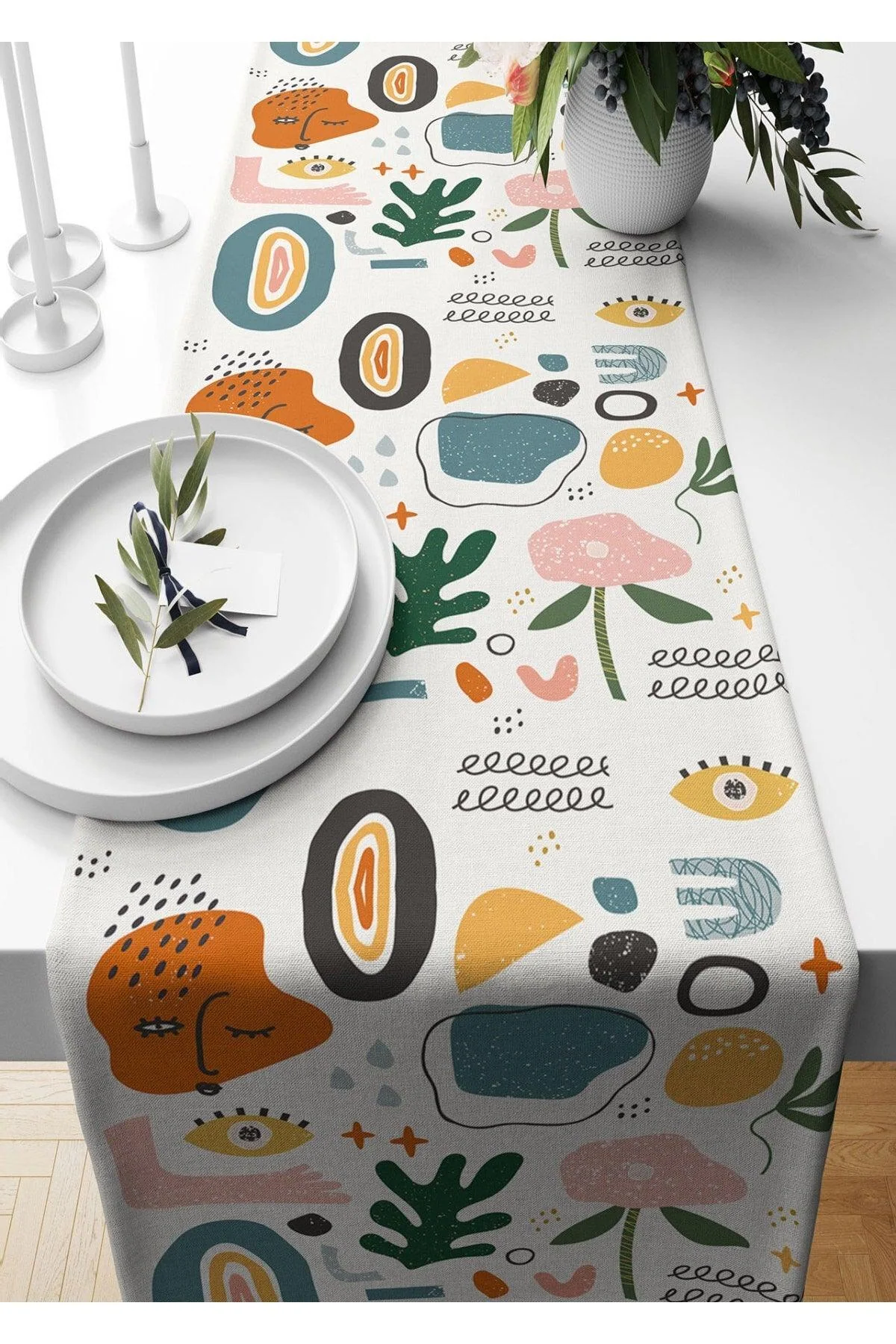 Abstract patterned suede fabric table runner with eco-friendly certification