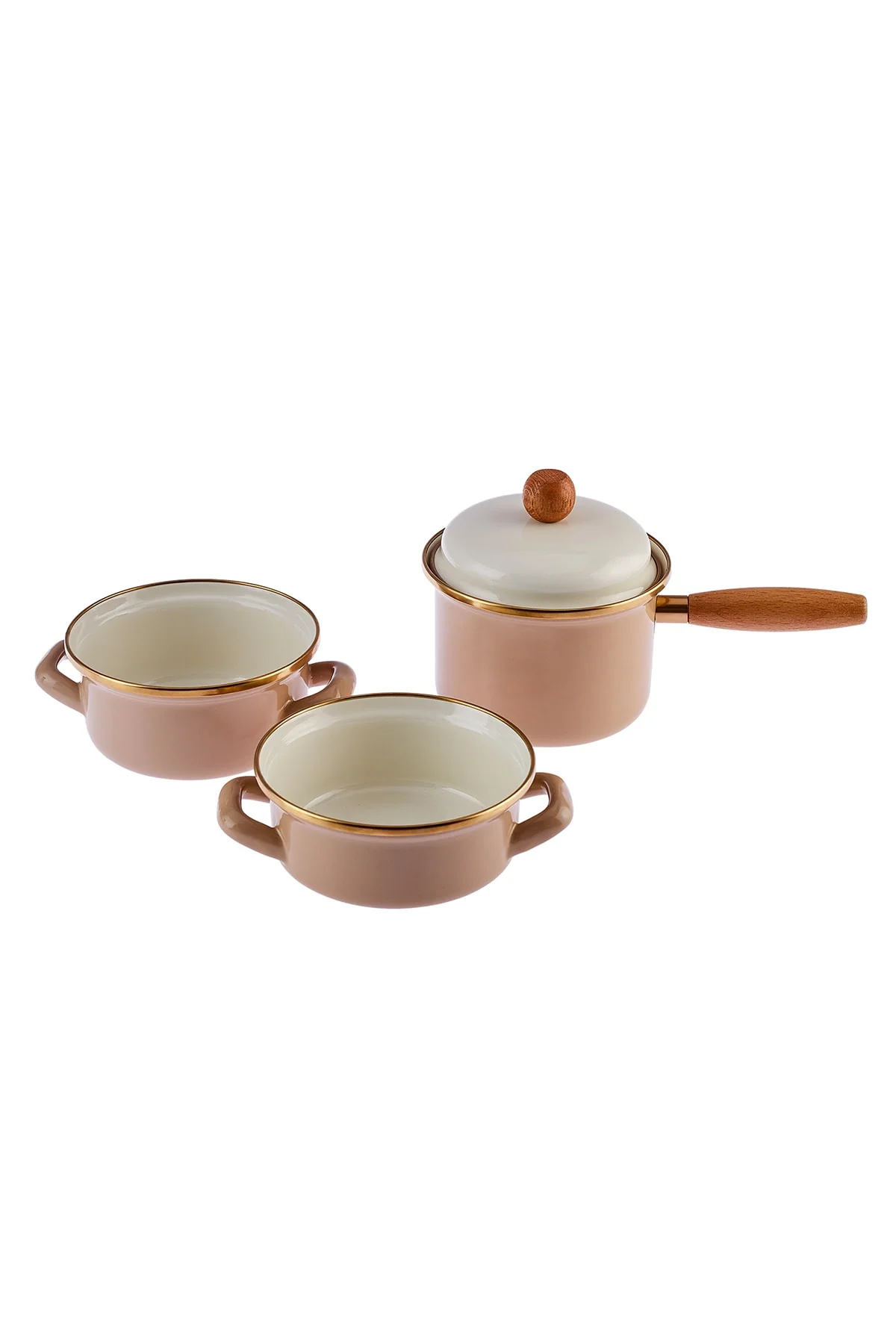4-piece beige enamel cookware set with glass lid