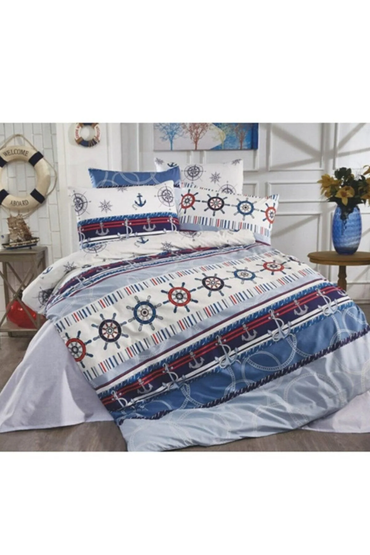 Nautical Sailor Pattern Single Duvet Cover Set - Soft Cotton for Comfortable Sleep