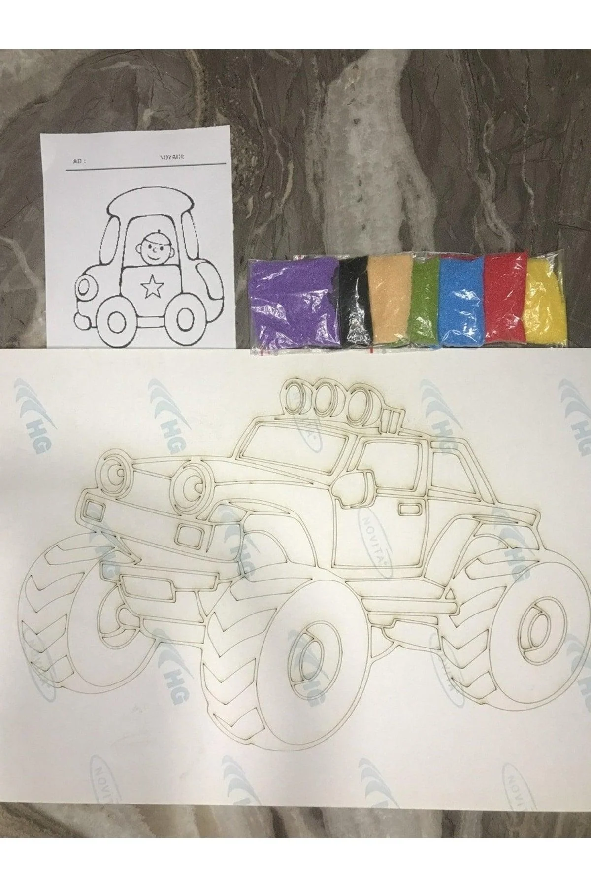 A4 sand painting art kit featuring a rally car design