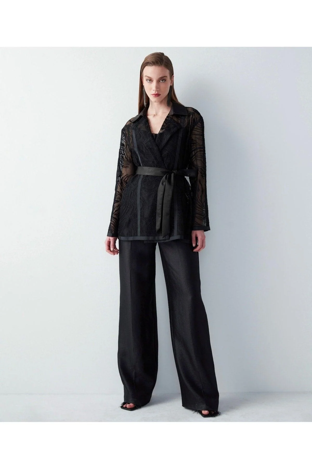 Women's satin belted embroidered jacket in black