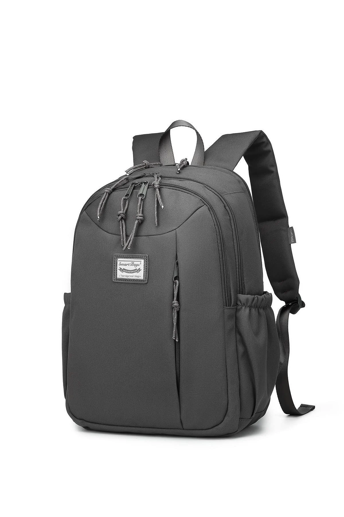 Large dark gray school backpack with laptop compartment and reflective zipper threads