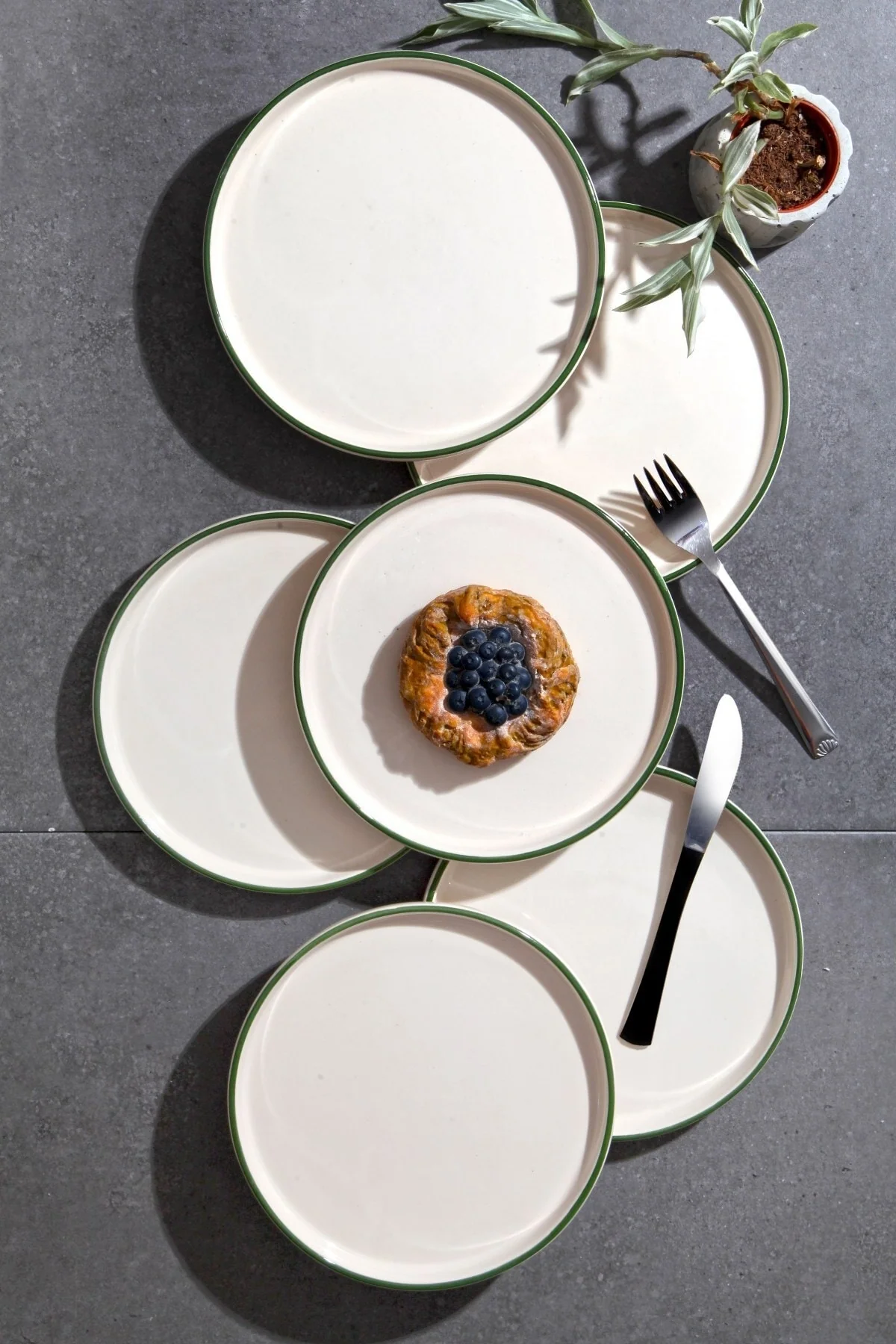 Set of six stackable 20cm ceramic cake plates with hand-painted patterns
