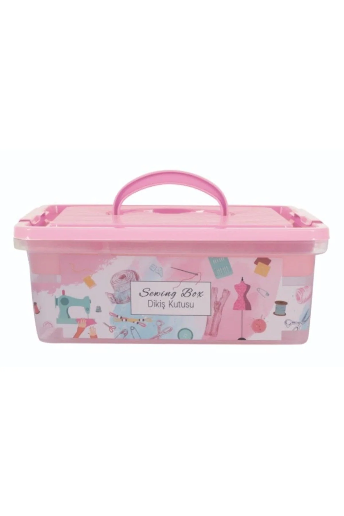 Pink plastic sewing box with removable dividers and carrying handle