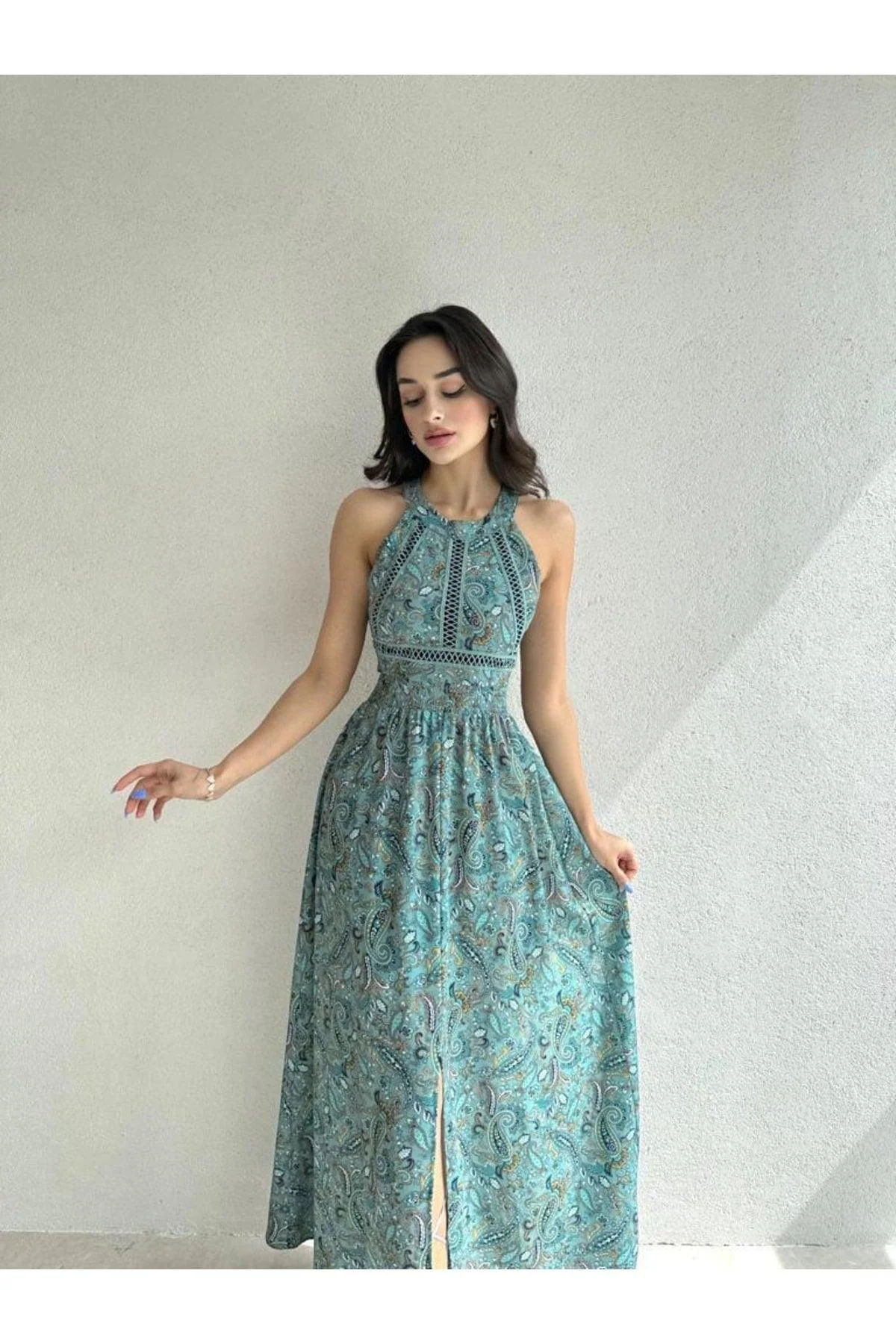 Backless Shawl Pattern Midi Dress