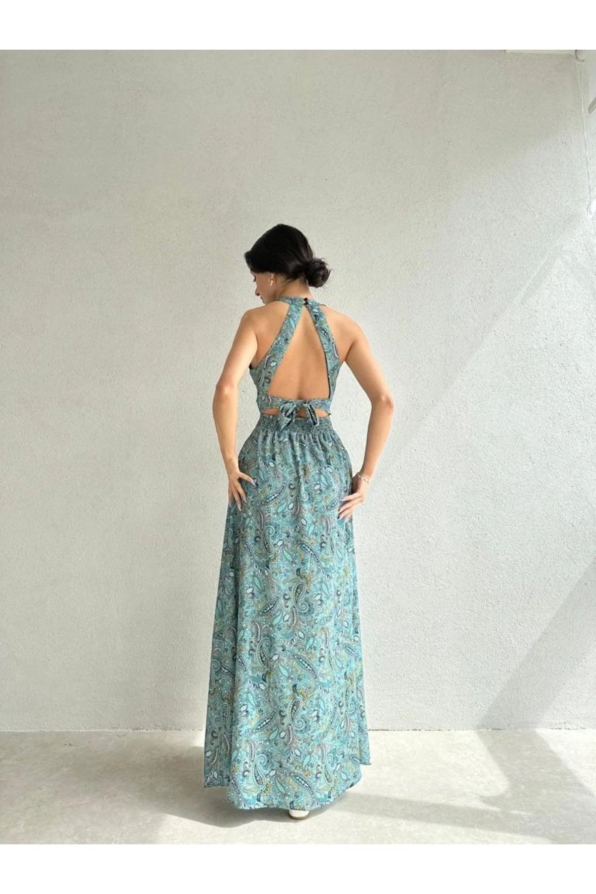 Backless Shawl Pattern Midi Dress