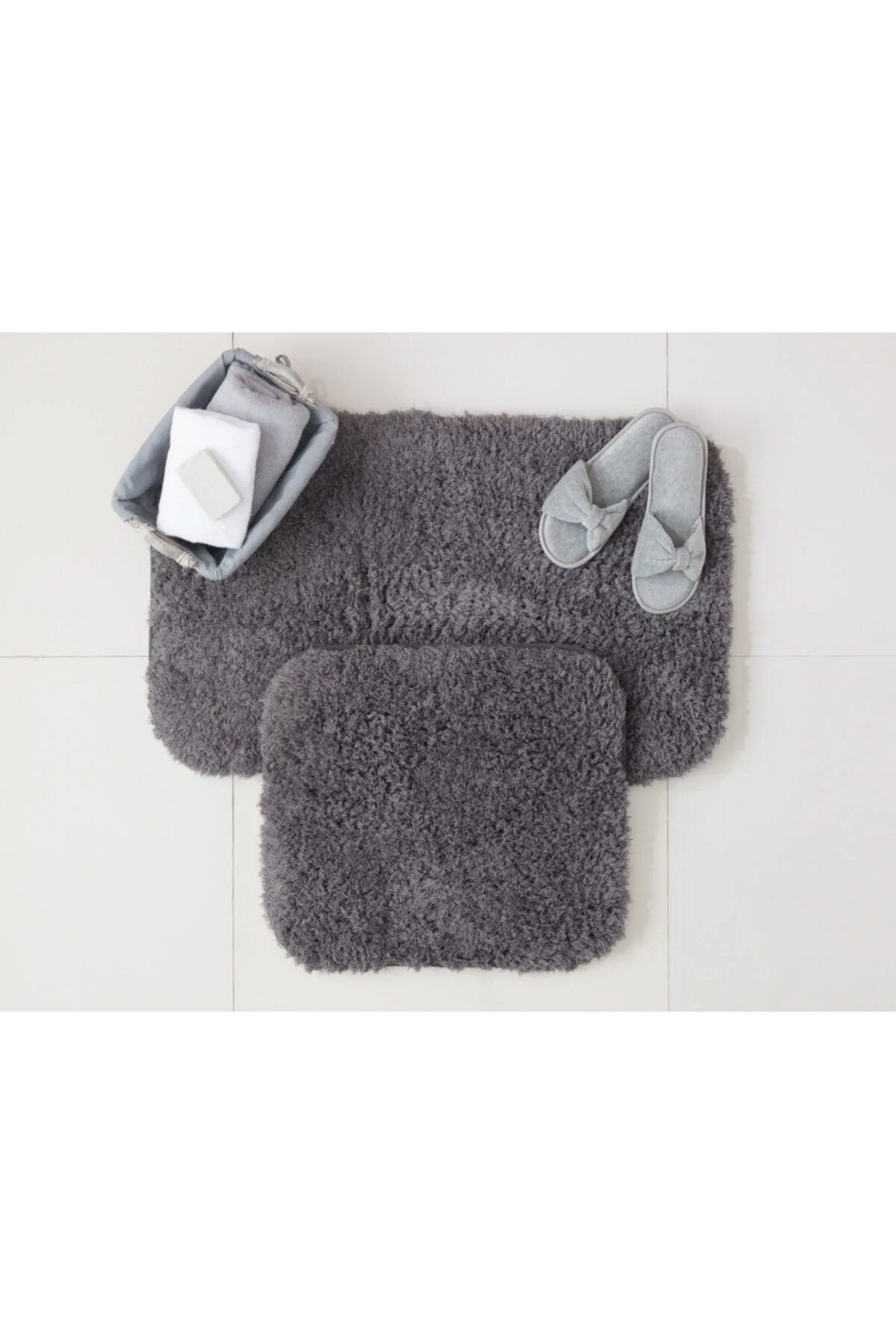 Anthracite plush bathroom rug set with non-slip backing
