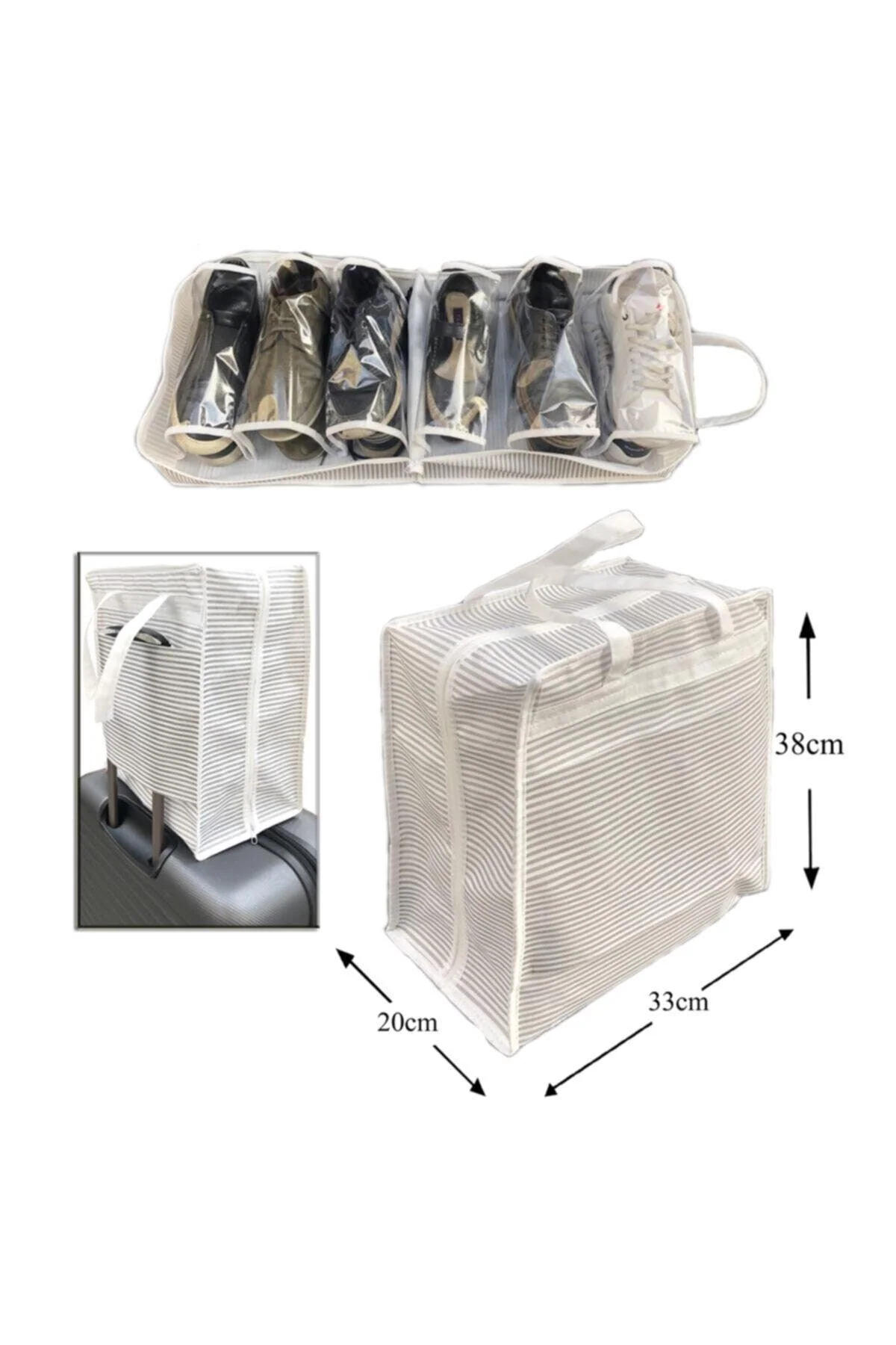 Foldable striped shoe storage bag 35 x 22 x 40 cm