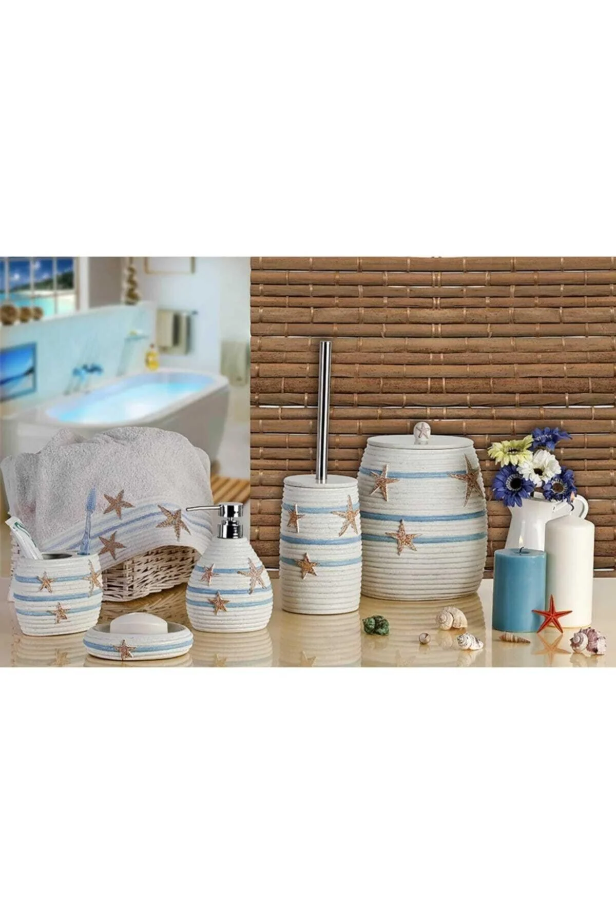 5-piece marine-themed bathroom organizer set with liquid soap dispenser