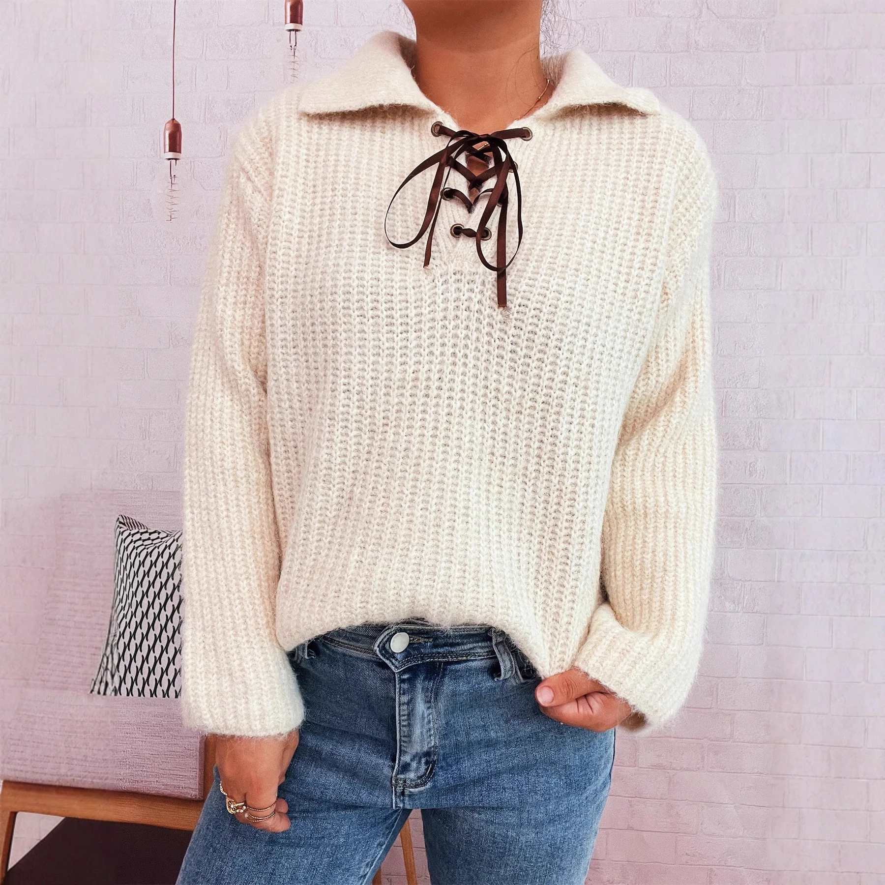 Simple Commute Lapel Tied Knitted Pullover Solid Color Loose Sweater