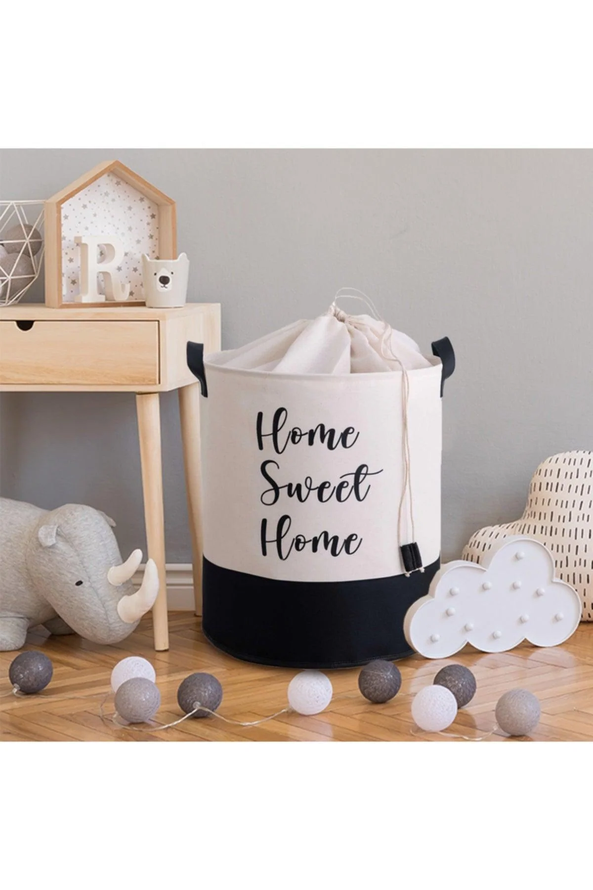 White Leather-Top Laundry Basket with Jute Fabric Cylinder, 50 Liters