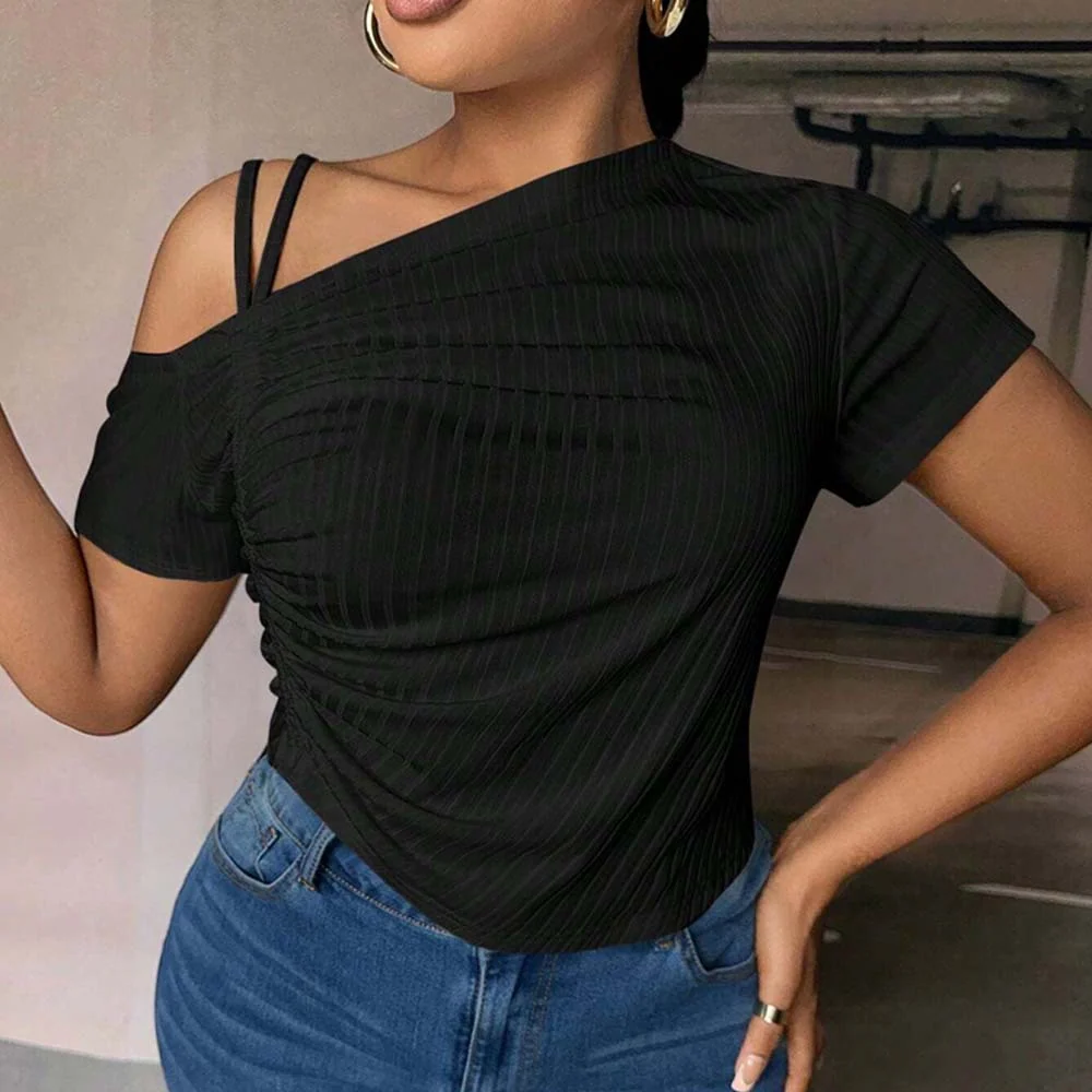Slim-Fit Off‑Shoulder T‑Shirt – Diagonal Neck, Solid Black
