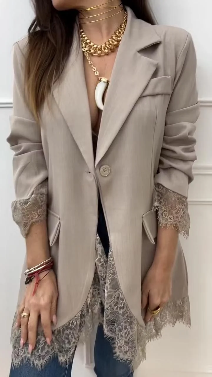 Slim Fit Patchwork Blazer with Lace Trim