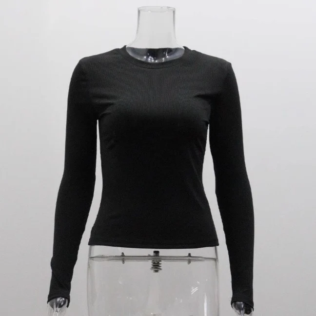 Slim-Fit Women's Long Sleeve Pullover – Solid Color Round Neck