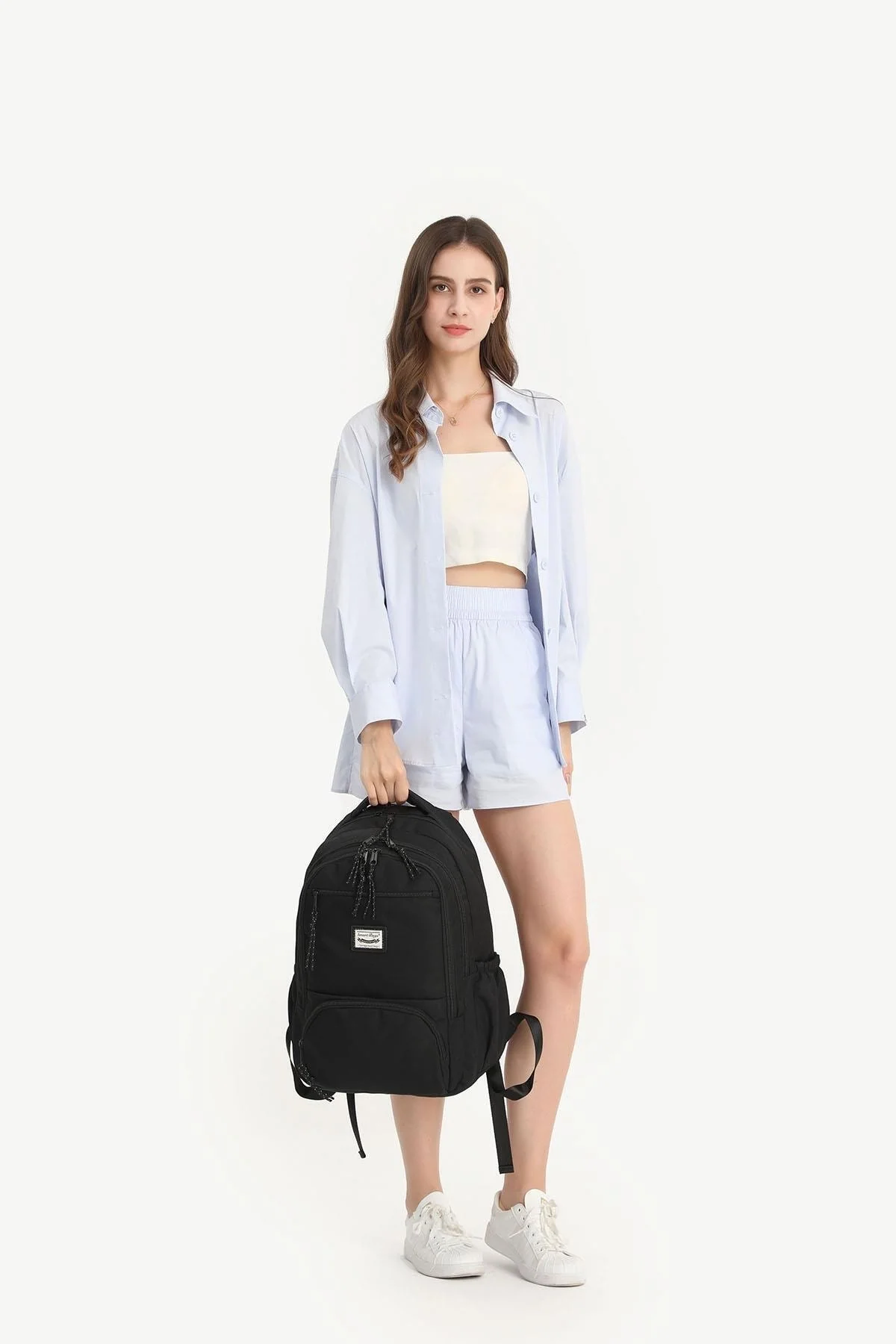 Black large school backpack with reflective zippers
