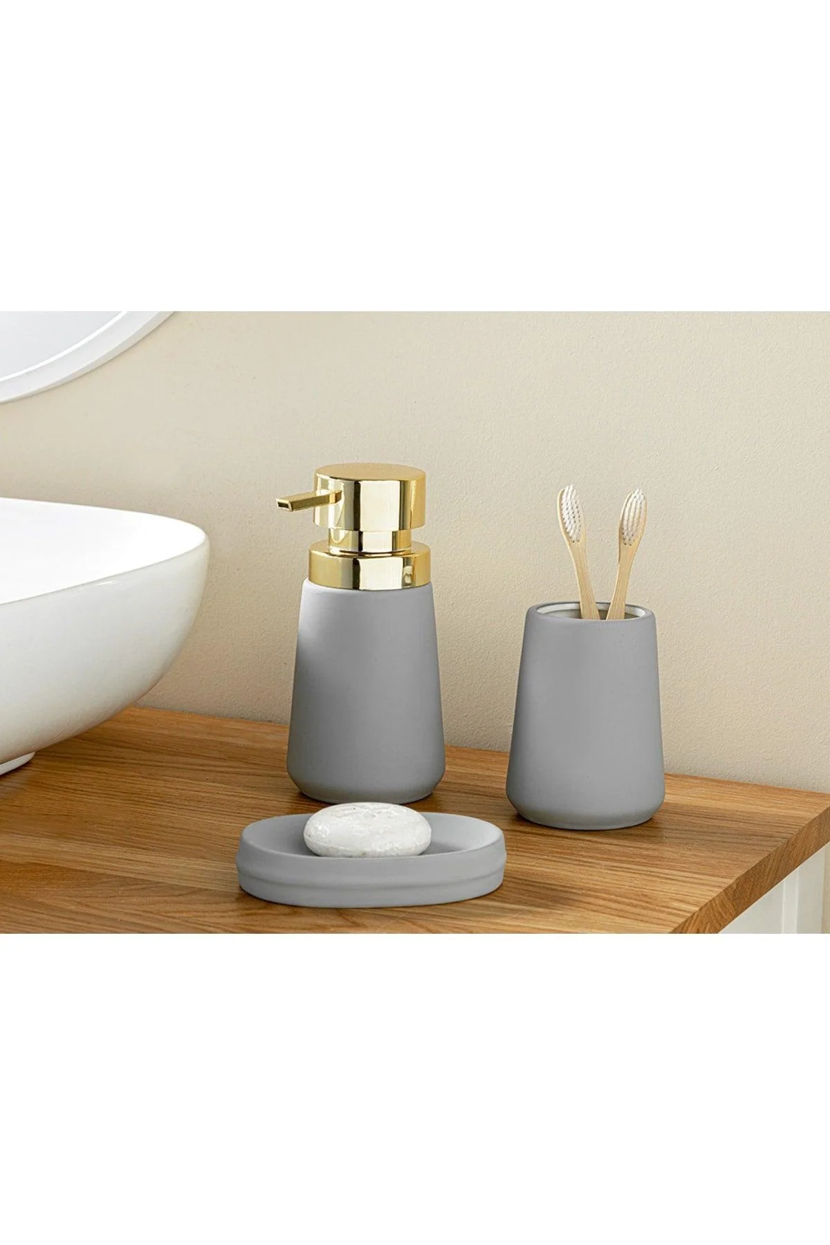 3-Piece Gray Bathroom Set with Soft Touch Finish in Bone China