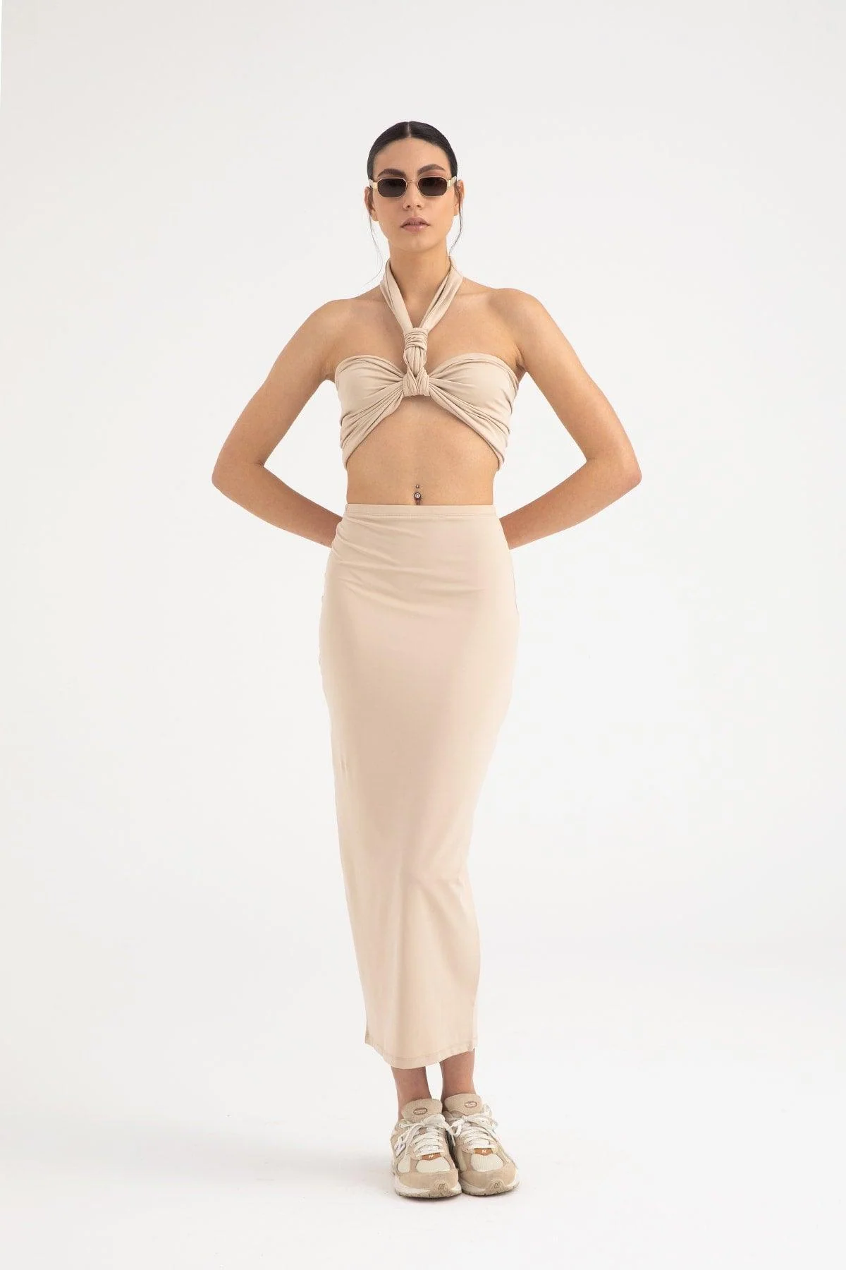 High-waisted knitted skirt in stretch fabric