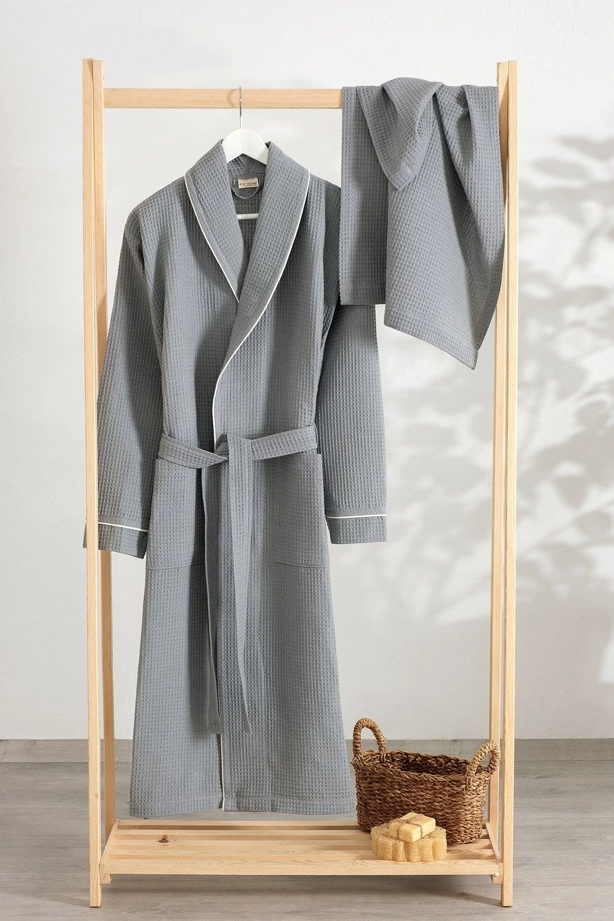 Gray Pique Unisex Bathrobe and Towel Set