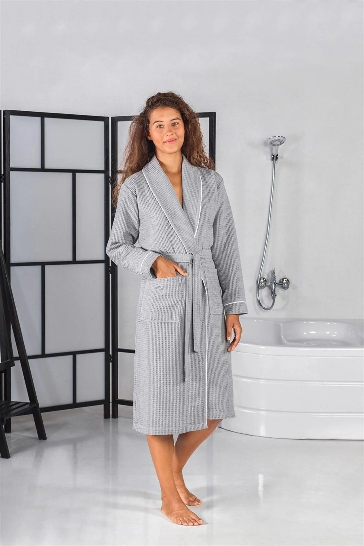 Gray Pique Unisex Bathrobe and Towel Set
