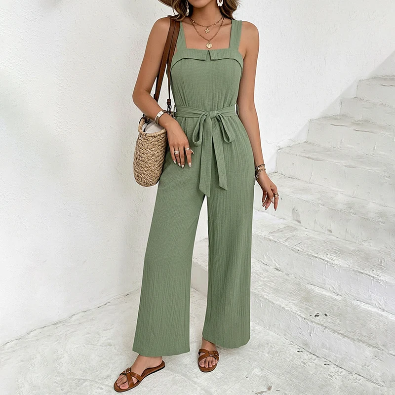 Solid-color Casual Sleeveless Strap Jumpsuit