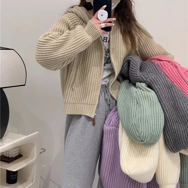 Solid-color Zip-up Knitted Cardigan Cropped Top