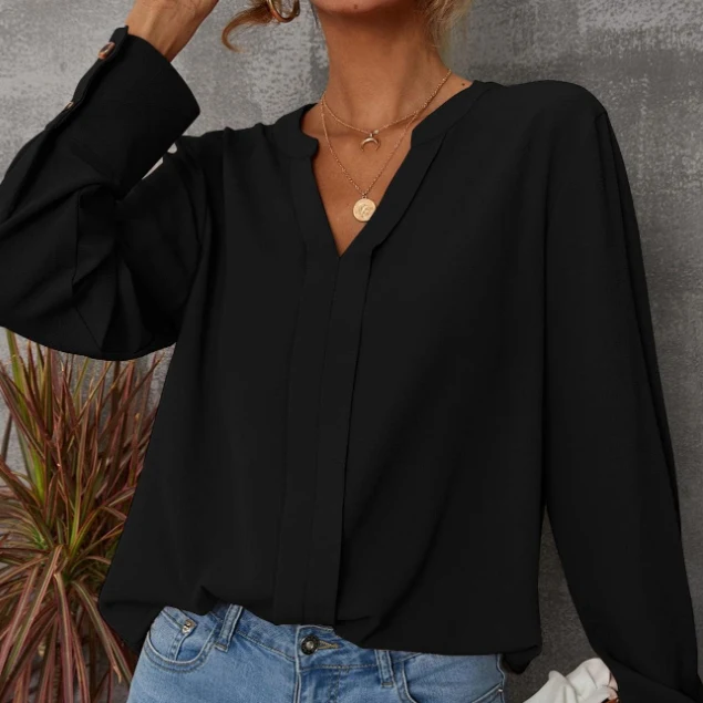 Solid Notched Buttoned Cuff Blouse,Long Sleeve Tops