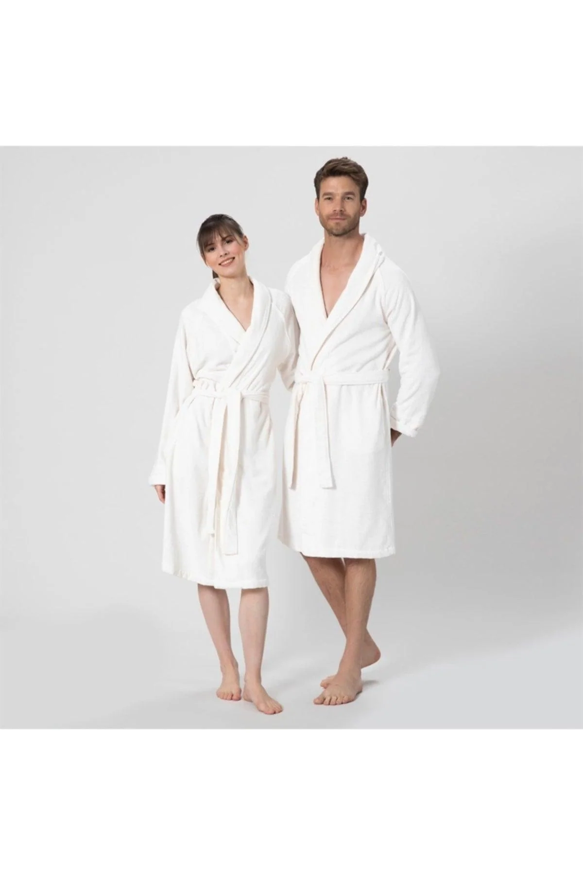 Unisex solid bathrobe in ecru cotton and bamboo blend