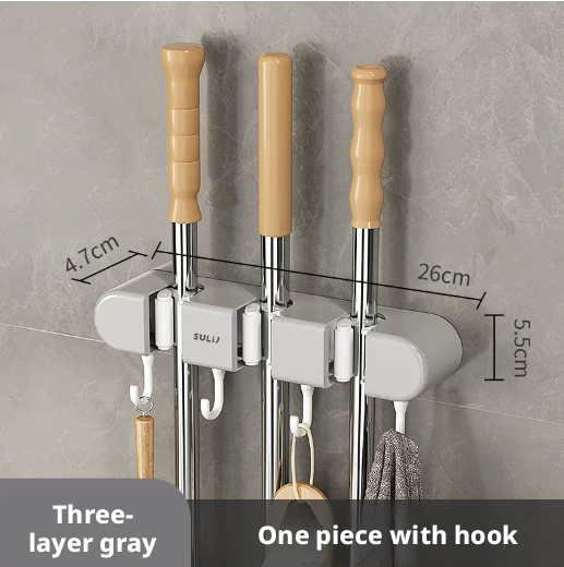 Space-Saving Mop Organizer with 7 Hooks - Gray