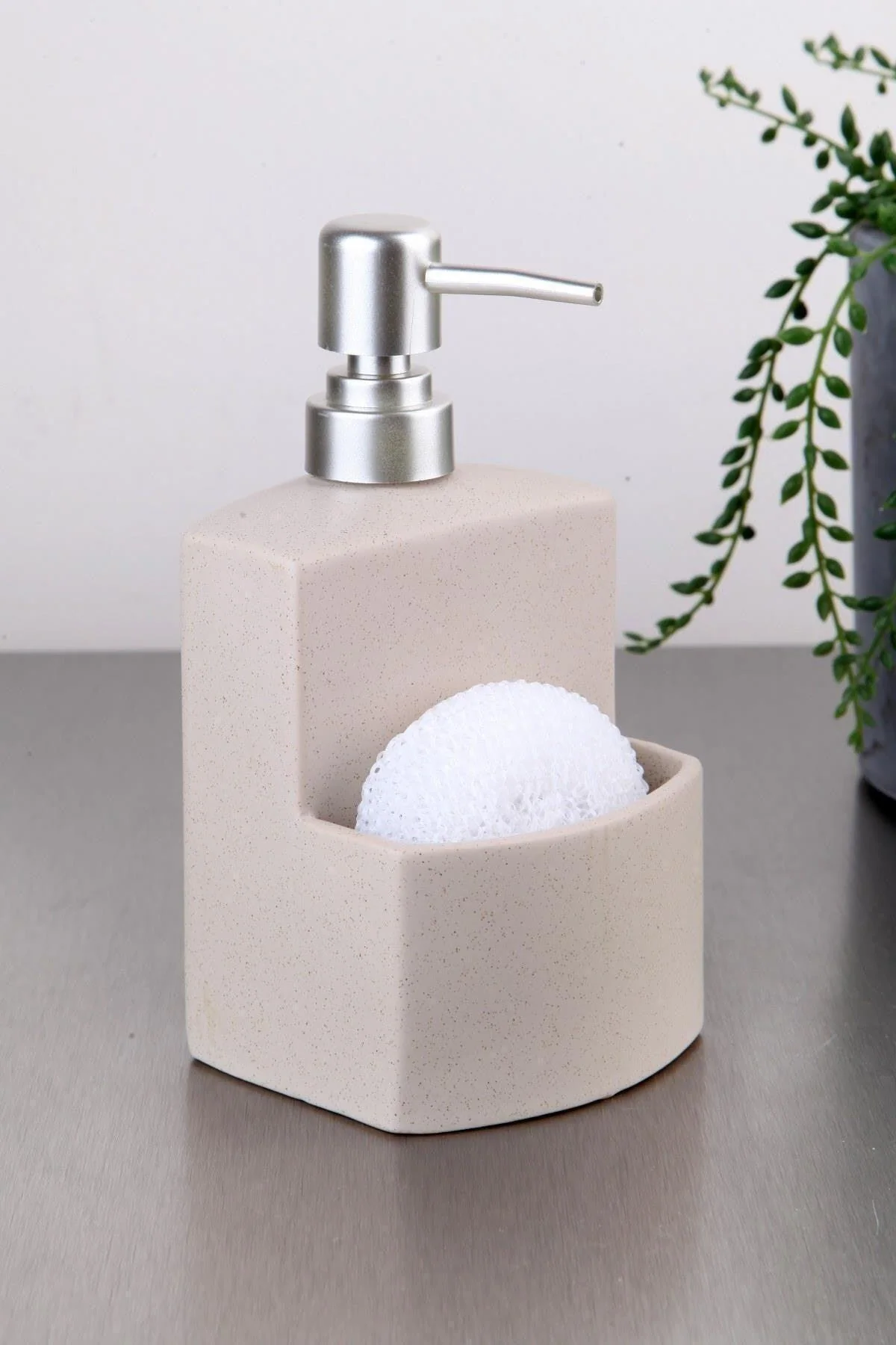 Beige ceramic liquid soap dispenser with barrel design