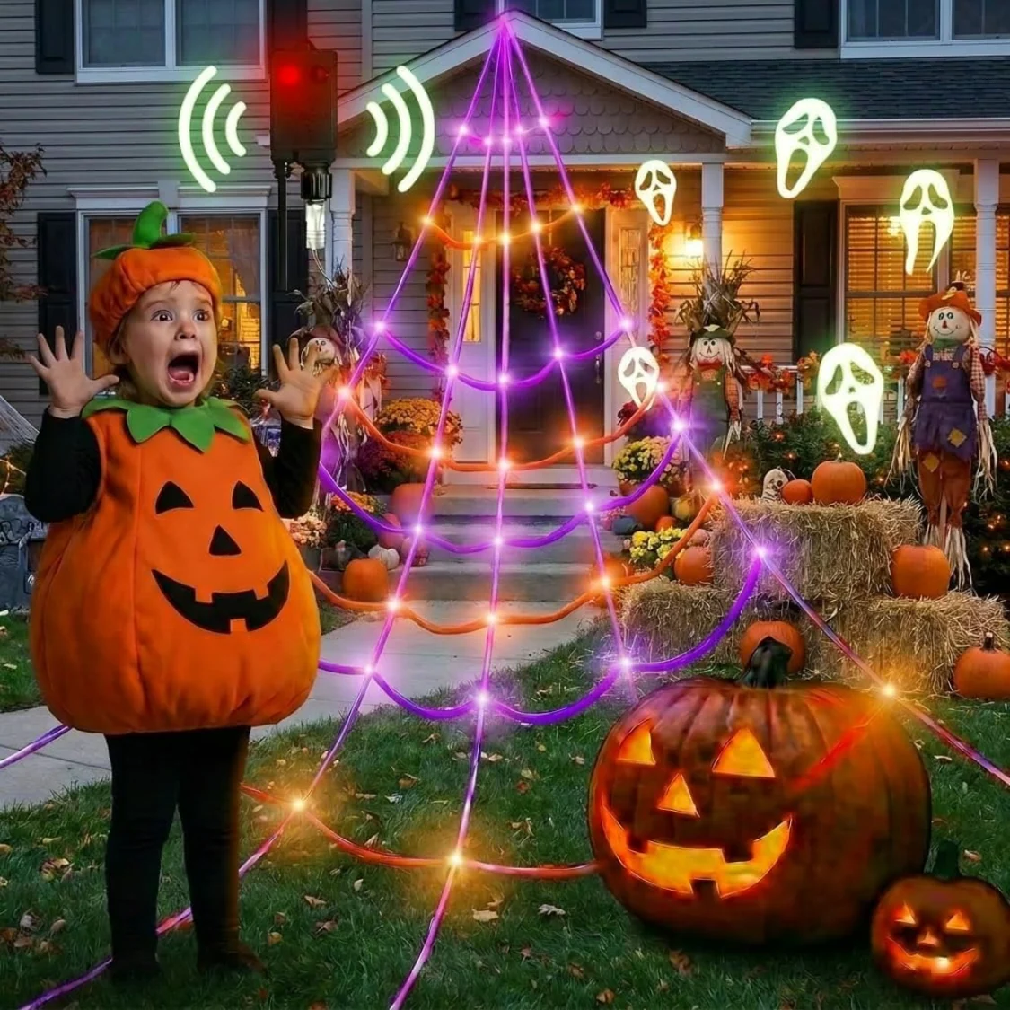 Spooky Motion Activated Spider Web Yard Decor with 150 LED Lights