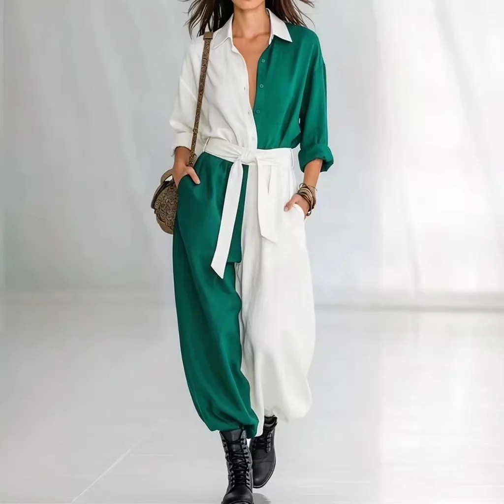 Spring Solid Colored Patchwork Long Sleeve Shirt Lace Up Jumpsuit