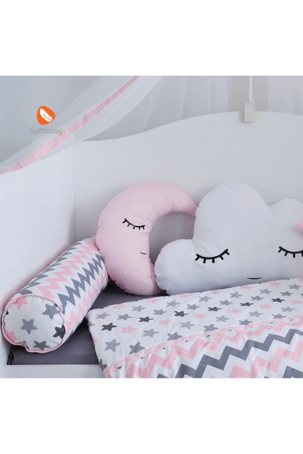 Pink crib bedding set with star and zigzag patterns 100% cotton