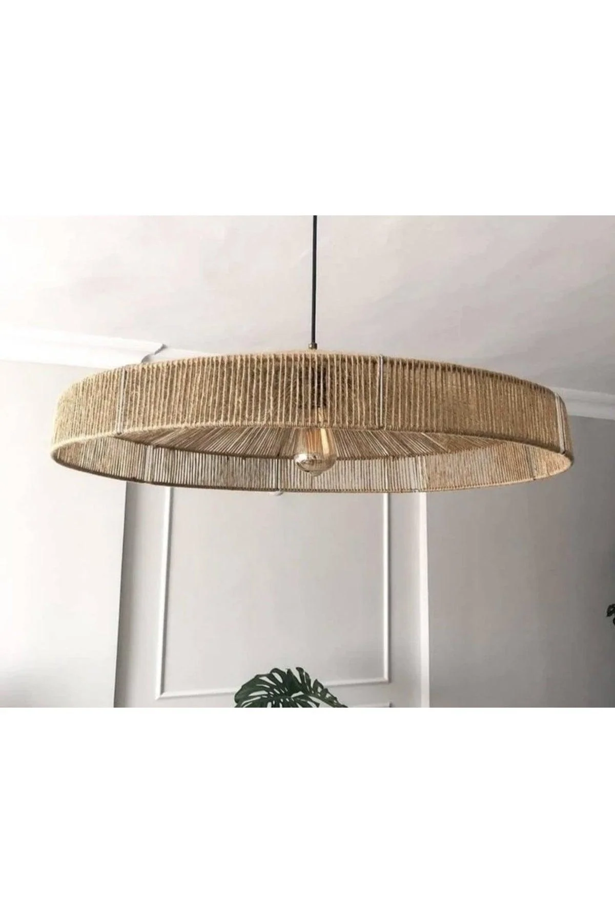 Natural straw bohemian chandelier with wooden handle 37cm