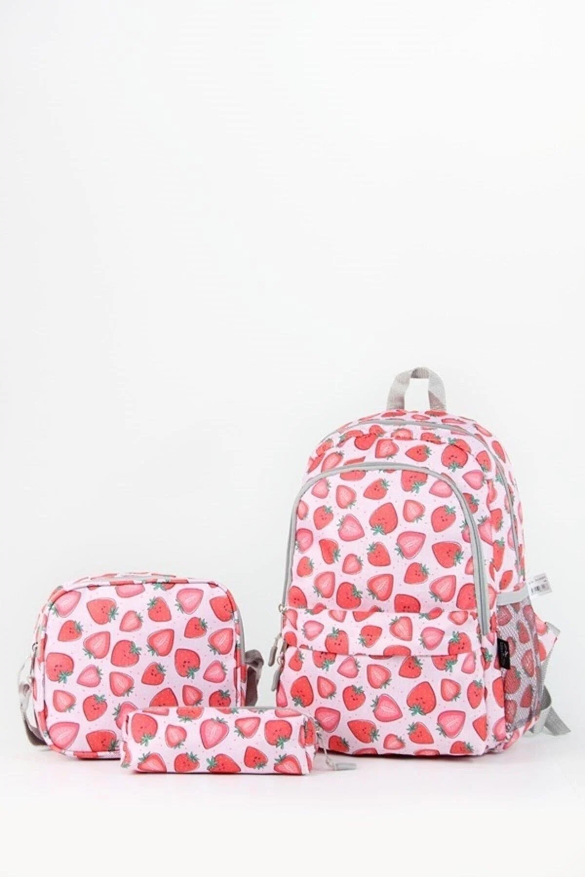 Strawberry patterned triple kids school bag set with lunch box and pencil holder