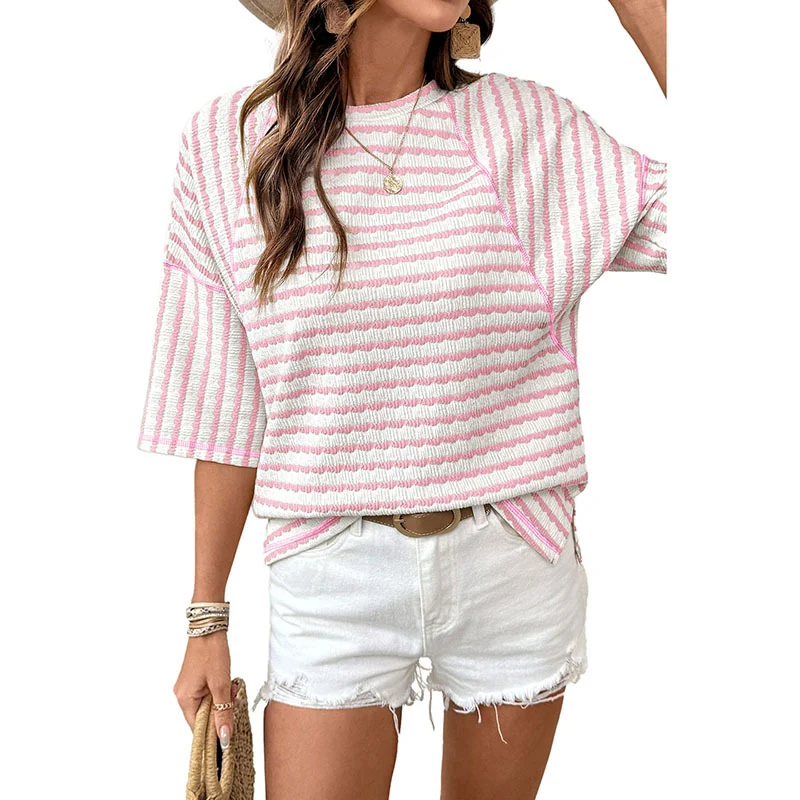 Striped Crew‑Neck Pullover Tee – Versatile, Trendy Half‑Sleeve